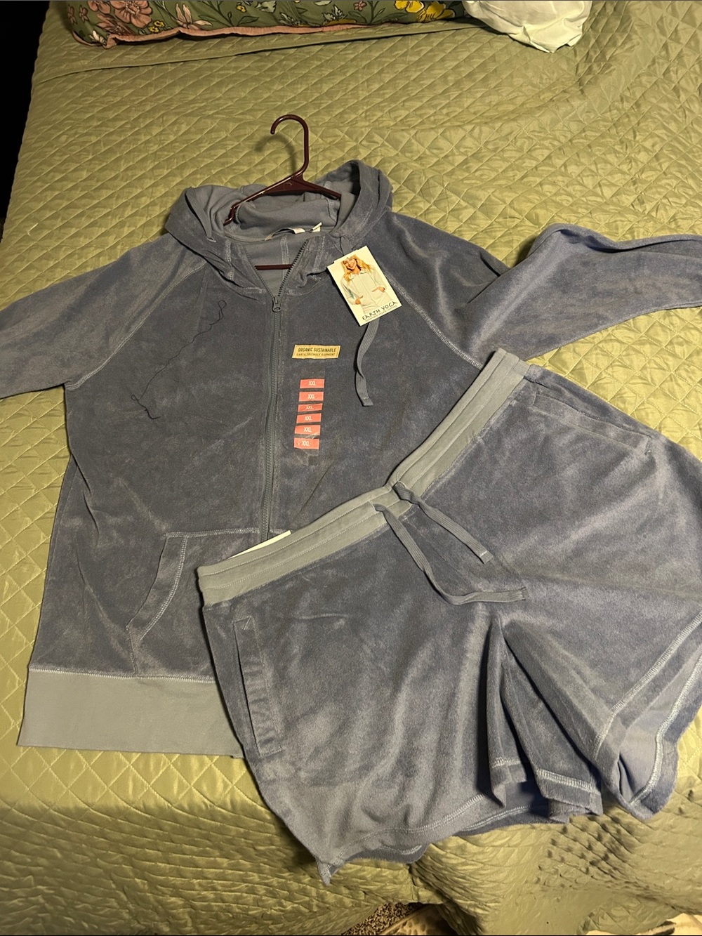 Earth Yoga Velvet-Look Hoodie & Shorts Set in Dusty Blue
